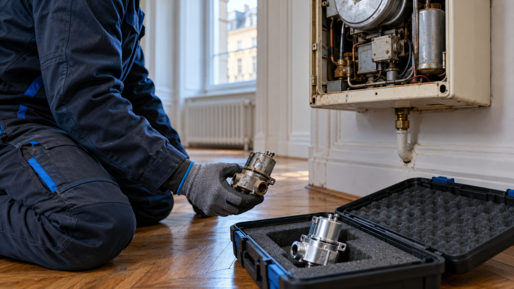 Altes und neues Ersatzteil am Gasboiler