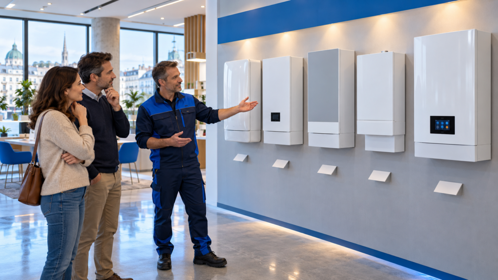 Fünf moderne Gasthermen im Showroom
