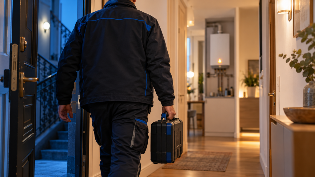 Heizungsmonteur betritt warmes Wiener Zuhause