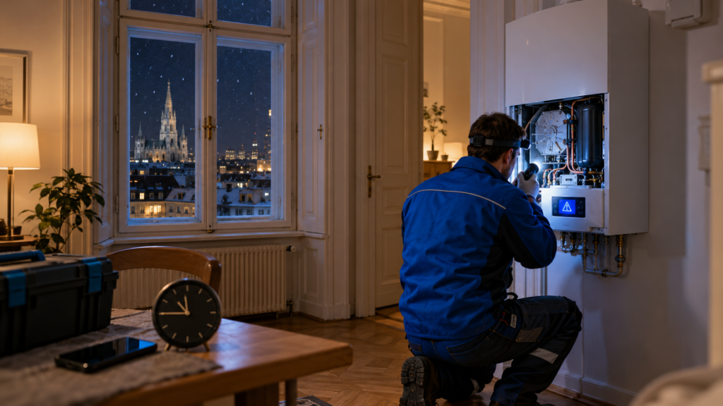 Nächtlicher Heizungsservice am Wiener Wandboiler